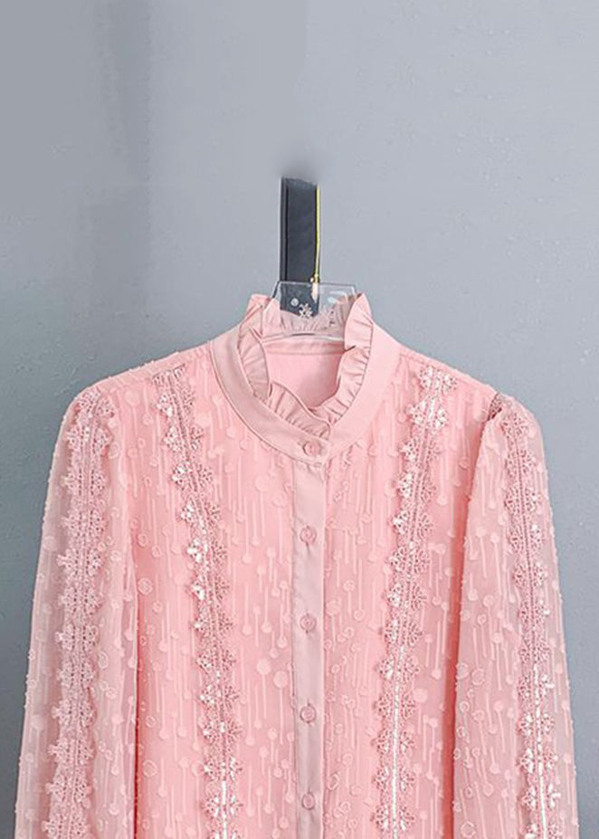 Chic Pink Ruffled Button Lace Shirt Long Sleeve