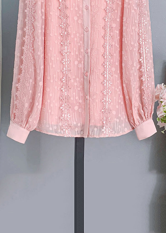 Chic Pink Ruffled Button Lace Shirt Long Sleeve