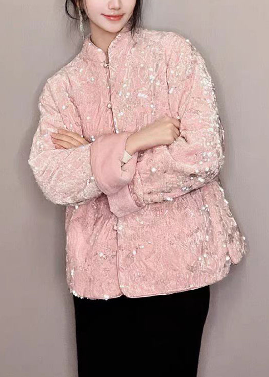 Chic Pink Sequins Button Silk Velvet Coats Long Sleeve