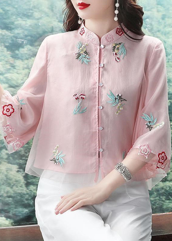 Chic Pink Stand Collar Embroideried Patchwork Chiffon Tops Summer
