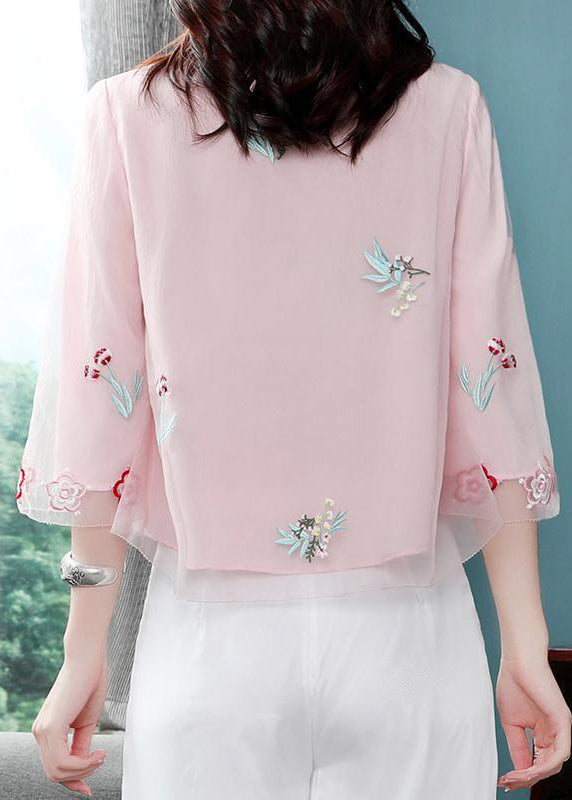 Chic Pink Stand Collar Embroideried Patchwork Chiffon Tops Summer