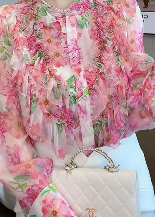 Chic Pink Stand Collar Ruffled Patchwork Print Silk Shirt Top Spring