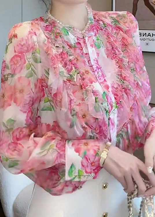 Chic Pink Stand Collar Ruffled Patchwork Print Silk Shirt Top Spring