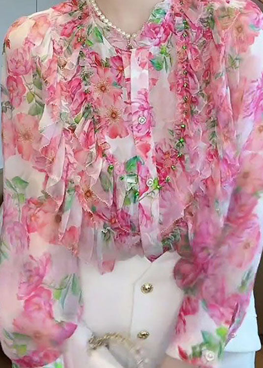 Chic Pink Stand Collar Ruffled Patchwork Print Silk Shirt Top Spring