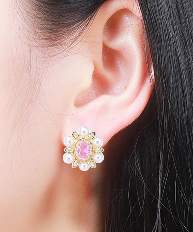Chic Pink Sterling Silver Crystal Pearl Zircon Stud Earrings
