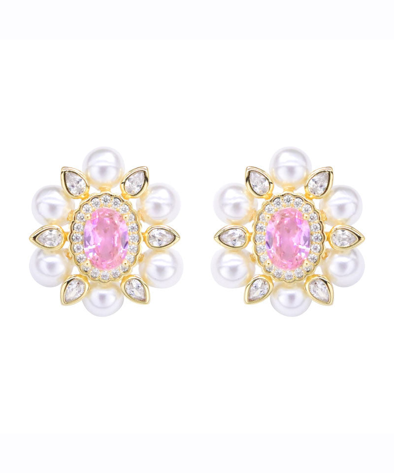 Chic Pink Sterling Silver Crystal Pearl Zircon Stud Earrings