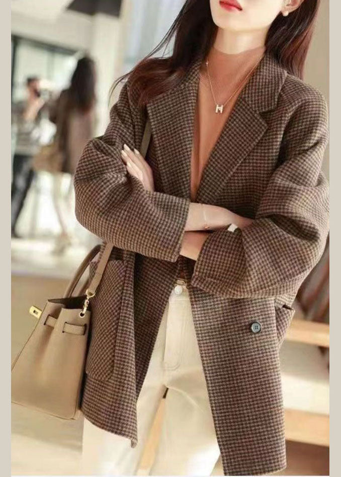 Chic Plaid Notched Pockets Wooled Blend Coats Long Sleeve
