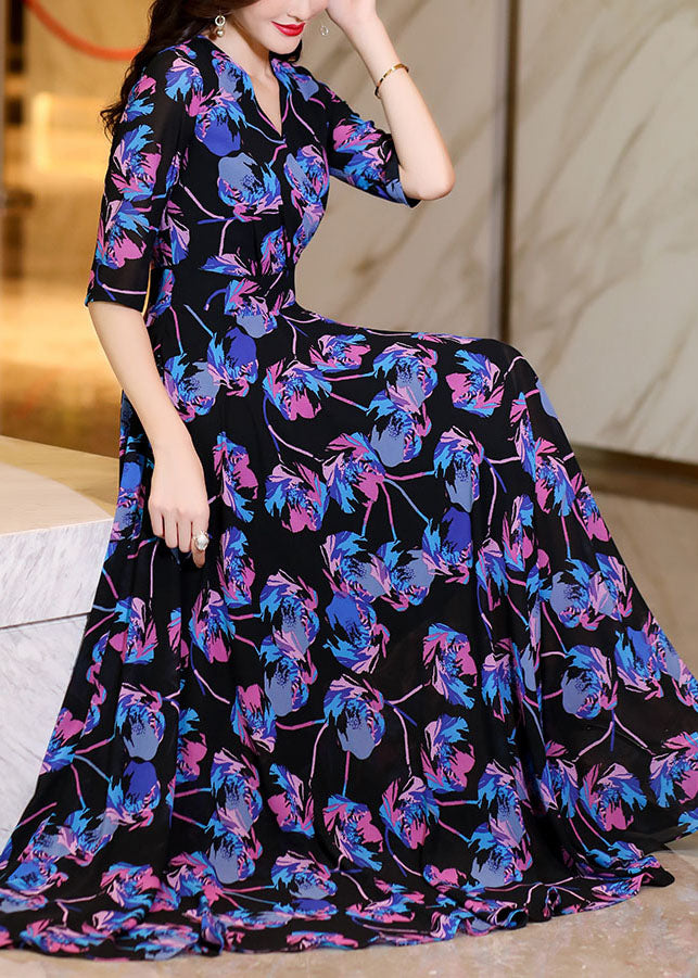 Chic Print High Waist Holiday Chiffon Maxi Dress Half Sleeve