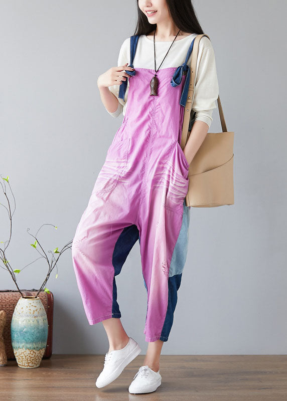 Chic Purple Oversized Patchwork Applique Cotton Overalls Jumpsuit Spring