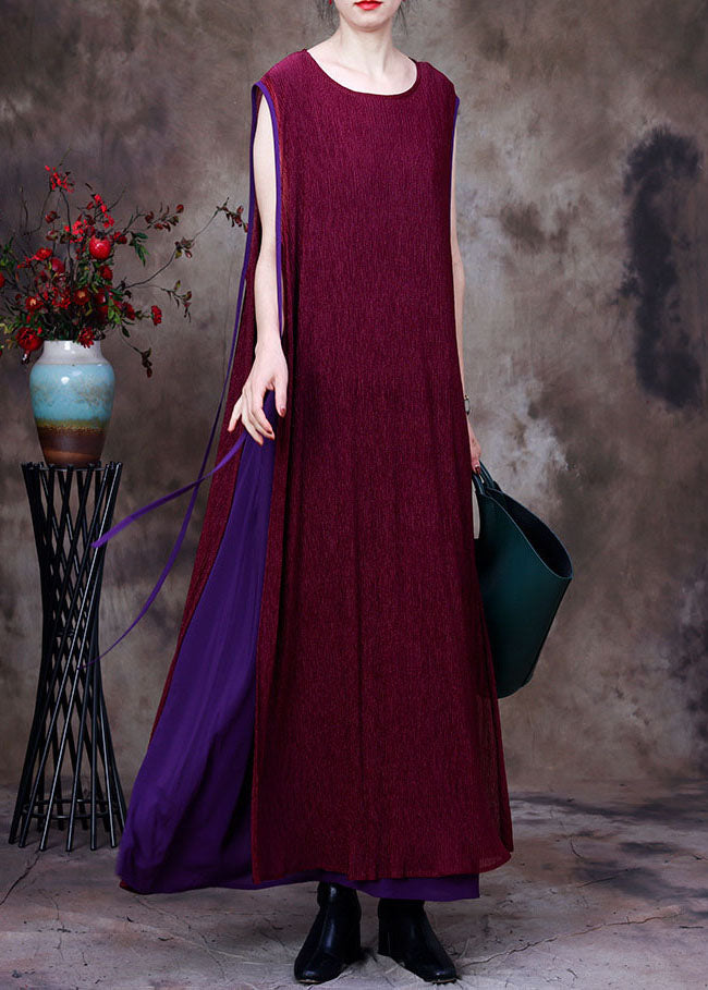 Chic Purple Patchwork O-Neck Silk Fake Two Piece Long Dresses Sleeveless