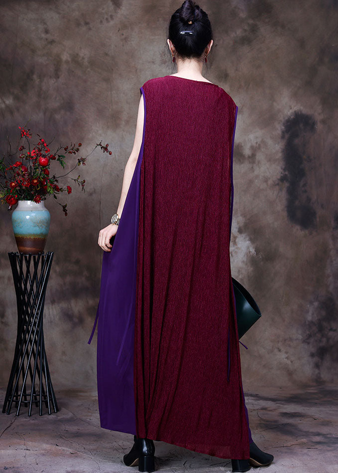 Chic Purple Patchwork O-Neck Silk Fake Two Piece Long Dresses Sleeveless