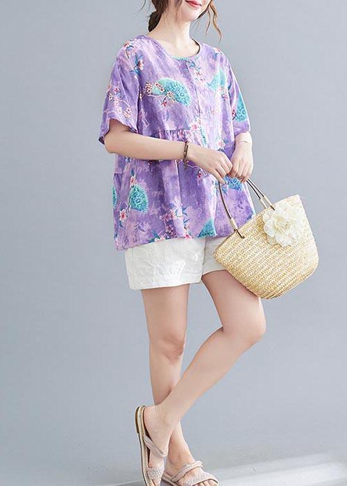 Chic Purple Print asymmetrical design Cotton Linen Shirt Summer - Omychic