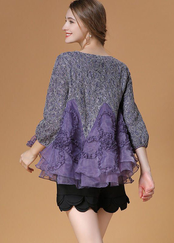 Chic Purple Ruffled Patchwork Organza Shirt Top Bracelet Sleeve