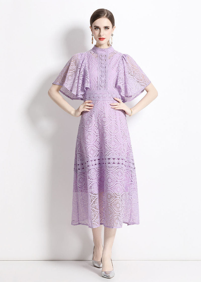 Chic Purple Stand Collar Hollow Out Patchwork Lace Dresses Butterfly Sleeve