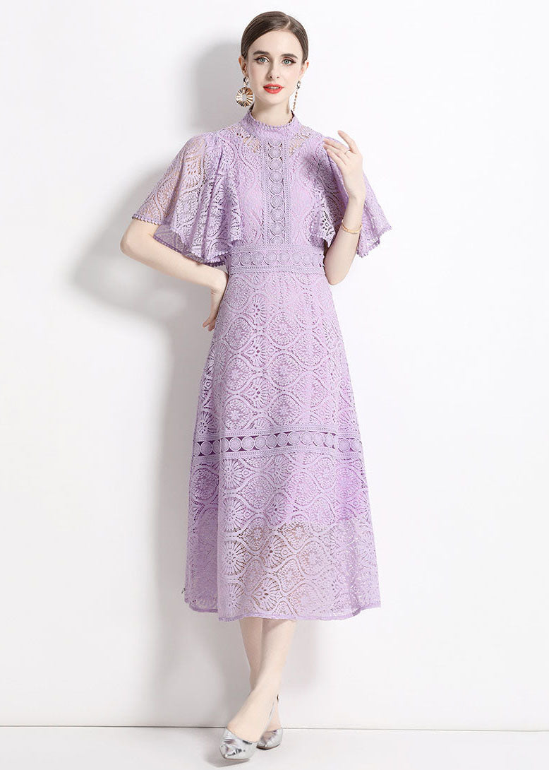 Chic Purple Stand Collar Hollow Out Patchwork Lace Dresses Butterfly Sleeve