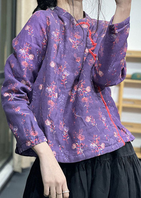 Chic Purple Stand Collar Print Fine Cotton Filled Coats Winter