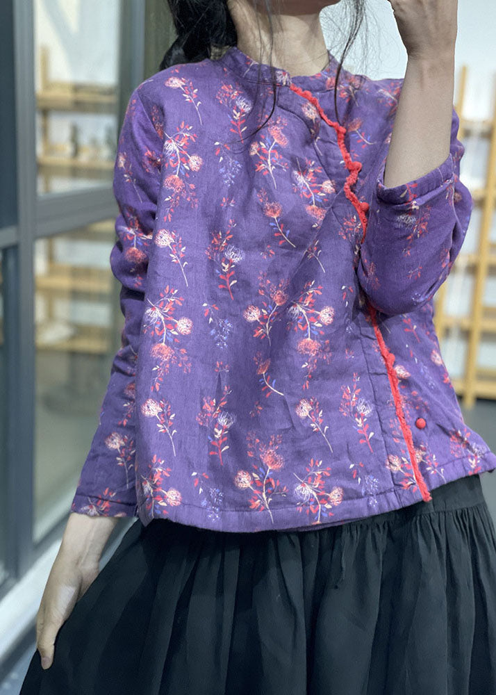 Chic Purple Stand Collar Print Fine Cotton Filled Coats Winter
