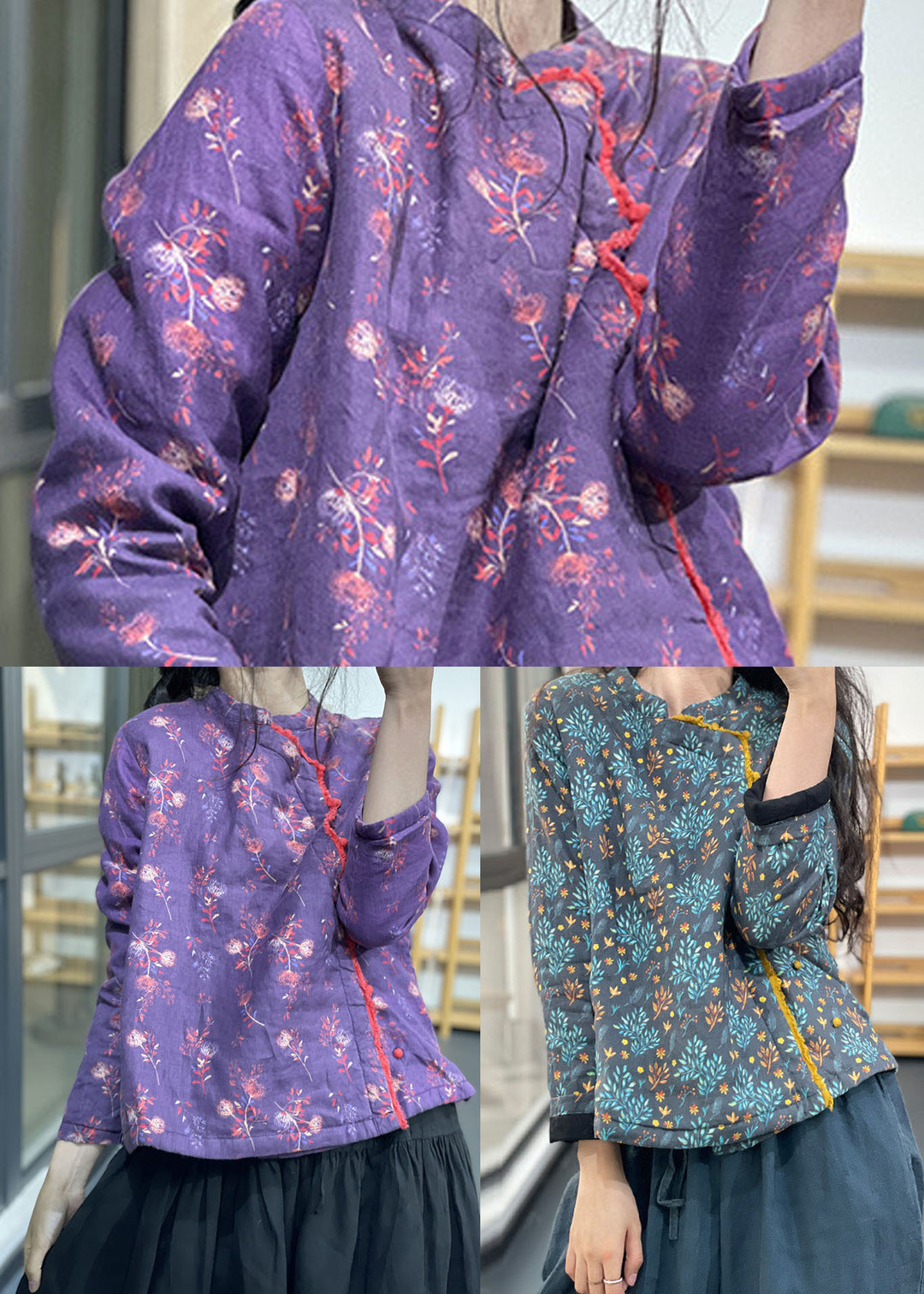 Chic Purple Stand Collar Print Fine Cotton Filled Coats Winter