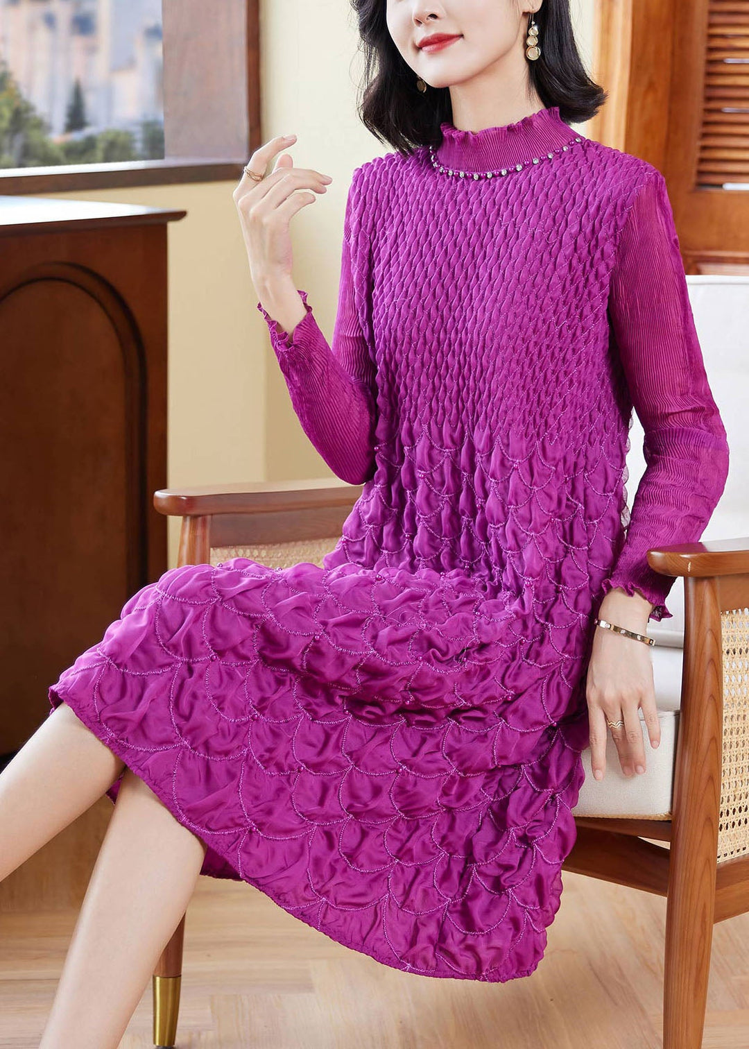 Chic Purple Stand Collar Zircon Wrinkled Mid Dresses Fall
