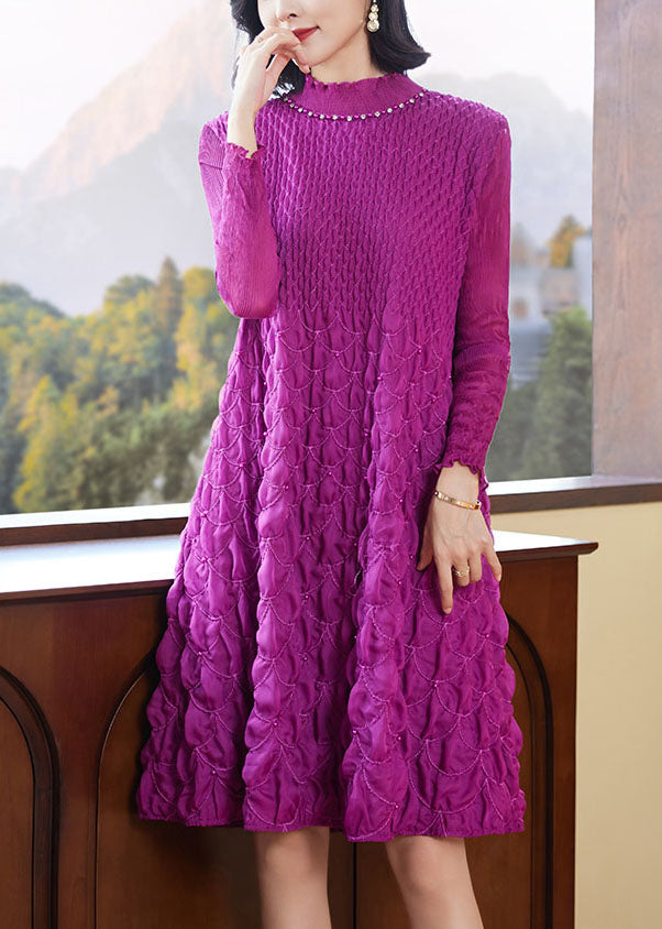 Chic Purple Stand Collar Zircon Wrinkled Mid Dresses Fall