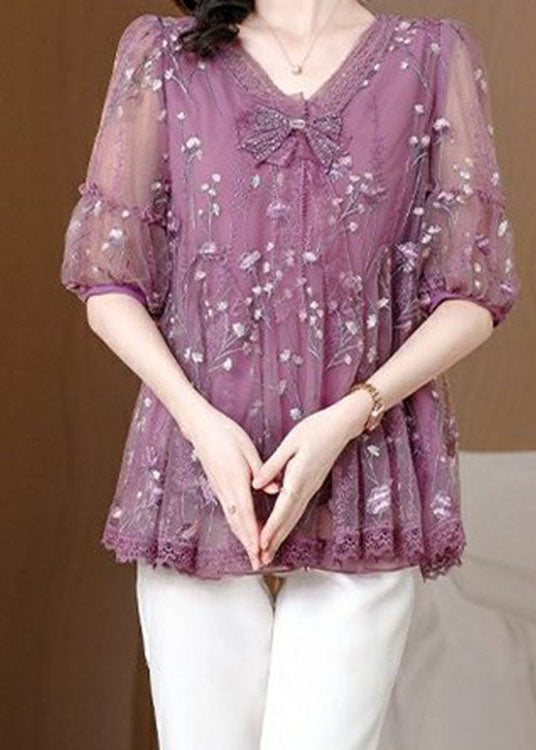 Chic Purple V Neck Embroideried Bow Lace Top Summer