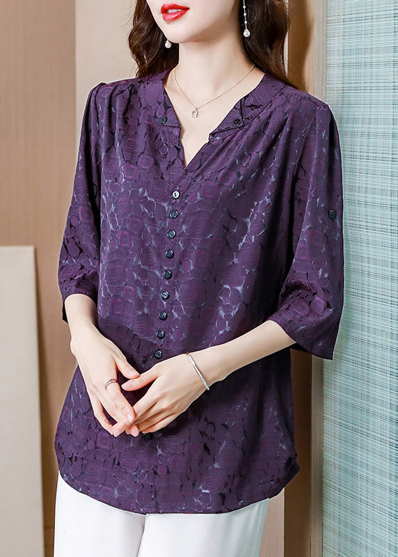 Chic Purple V Neck Print Silk Shirts Summer