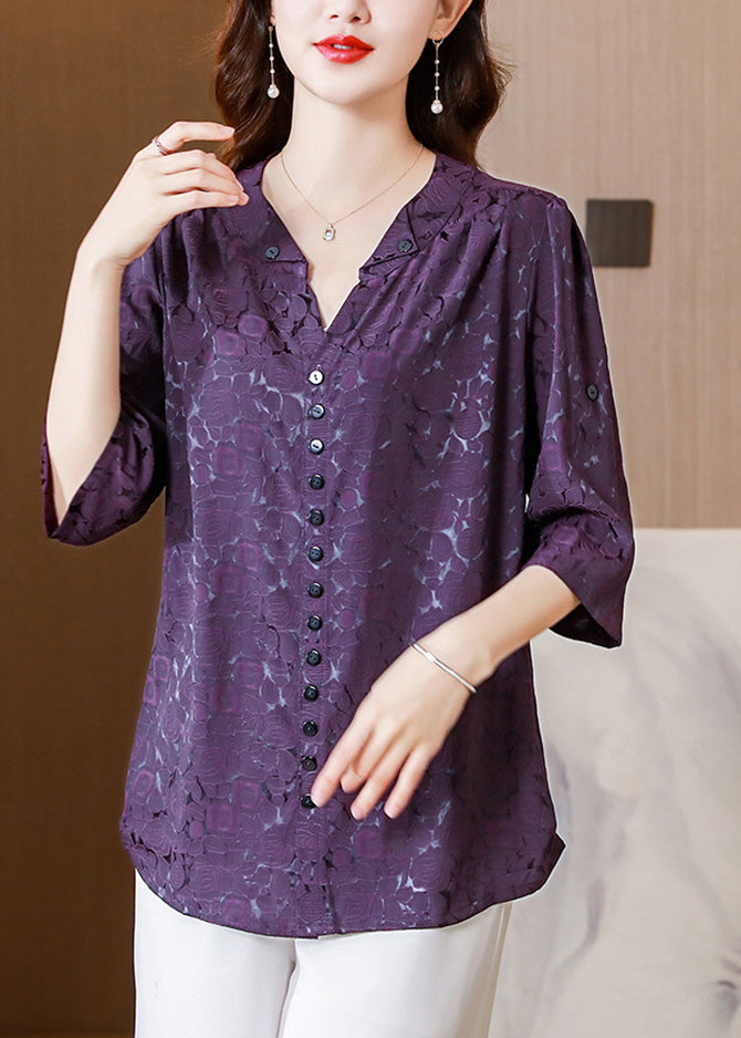 Chic Purple V Neck Print Silk Shirts Summer