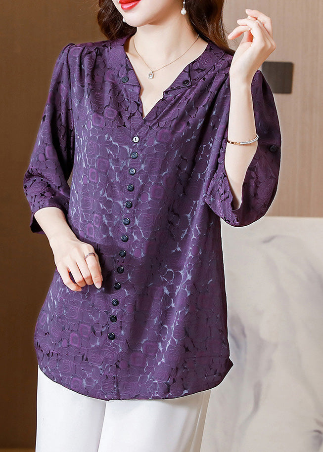 Chic Purple V Neck Print Silk Shirts Summer