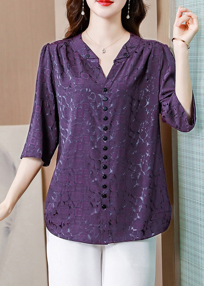 Chic Purple V Neck Print Silk Shirts Summer