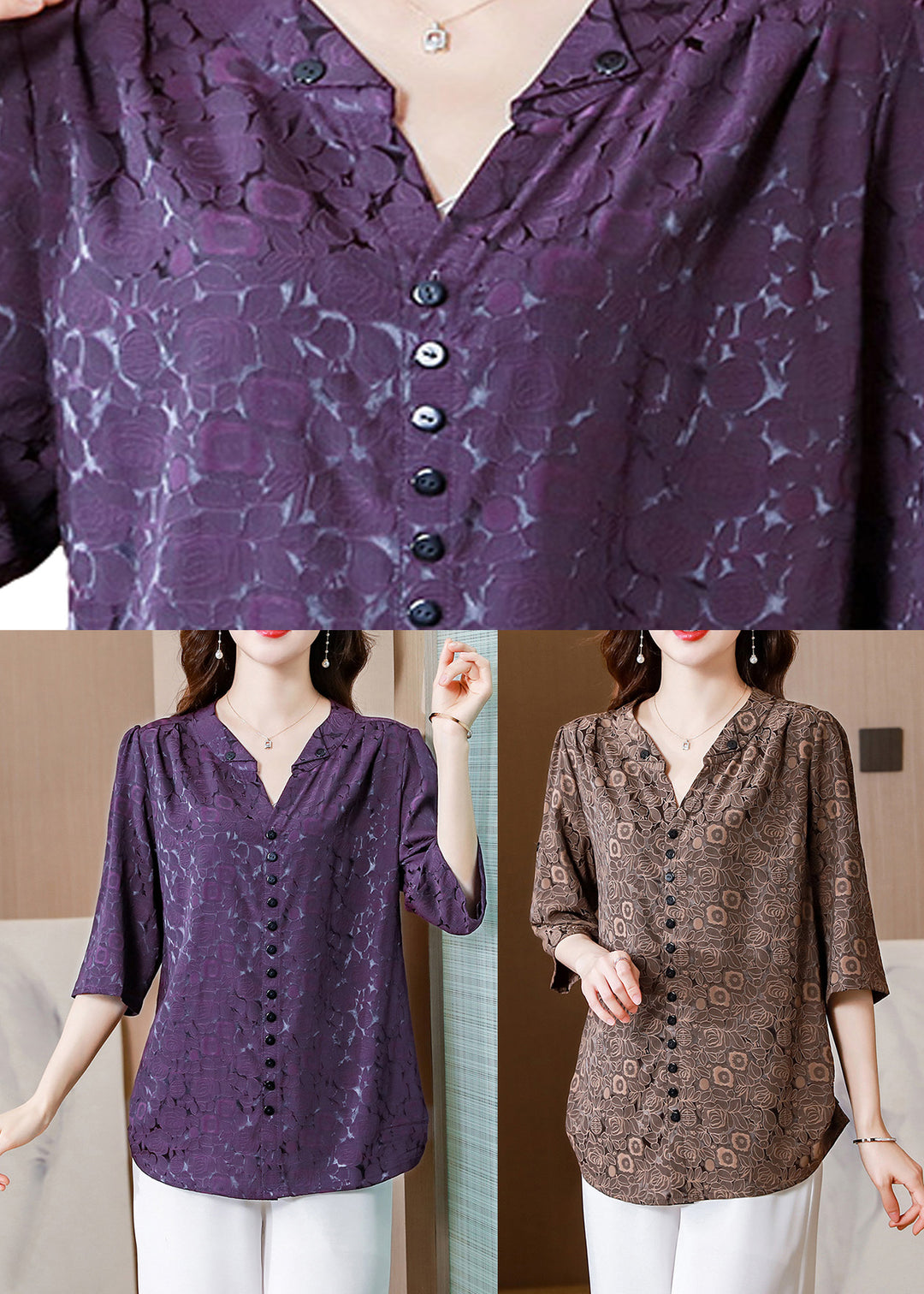 Chic Purple V Neck Print Silk Shirts Summer