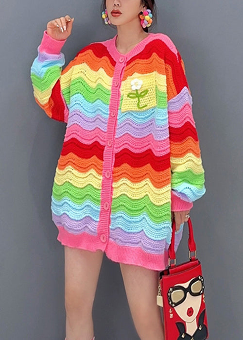 Chic Rainbow Button Hollow Out Patchwork Knit Top Fall