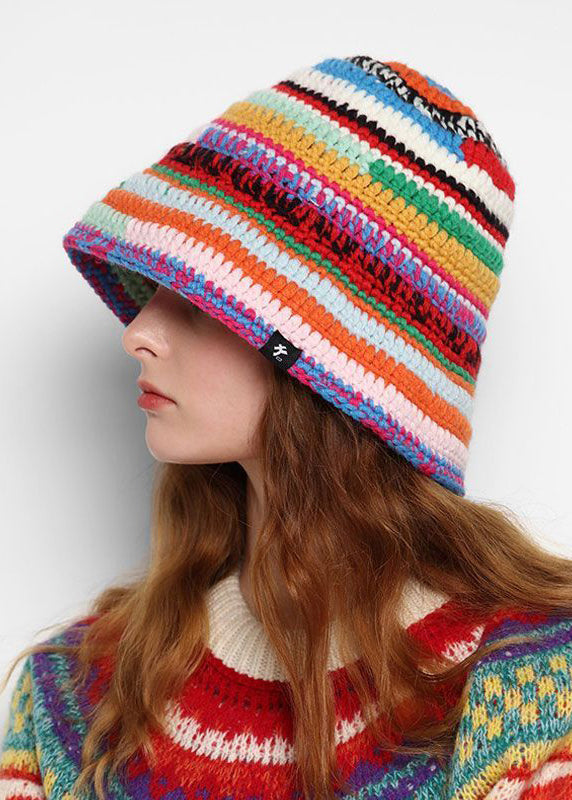 Chic Rainbow Striped Oversized Knit Bucket Hat