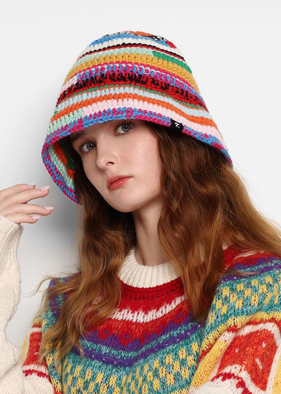 Chic Rainbow Striped Oversized Knit Bucket Hat