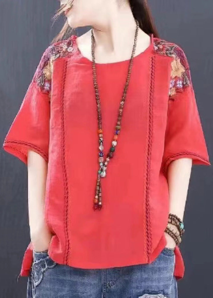 Chic Red O-Neck Embroideried Low High Design T Shirts Short Sleeve