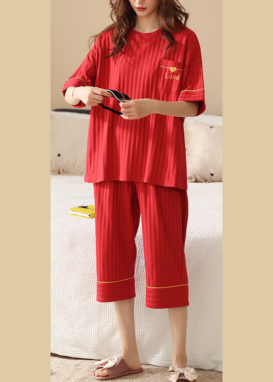 Chic Red O-Neck Love Cotton Pajamas Two Piece Set Summer