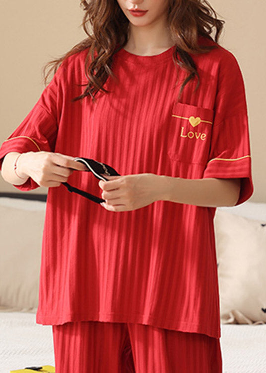Chic Red O-Neck Love Cotton Pajamas Two Piece Set Summer