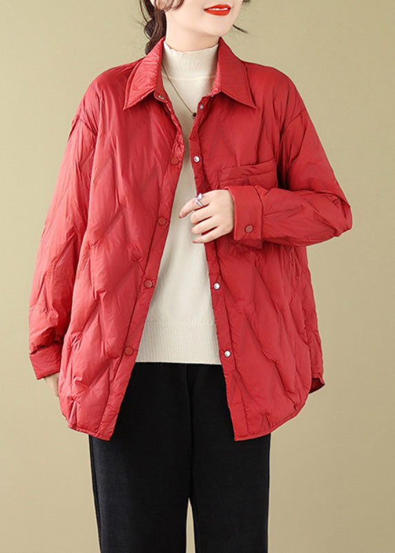 Chic Red Peter Pan Collar Pockets Button Parkas Winter