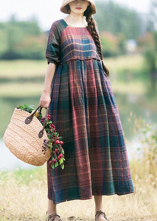 Chic Red Plaid Clothes For Women Wrinkled Robe Spring Dress - Omychic