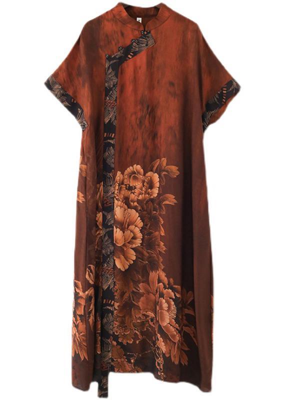 Chic Red Print Chiffon Peony Oriental Summer Dress - Omychic
