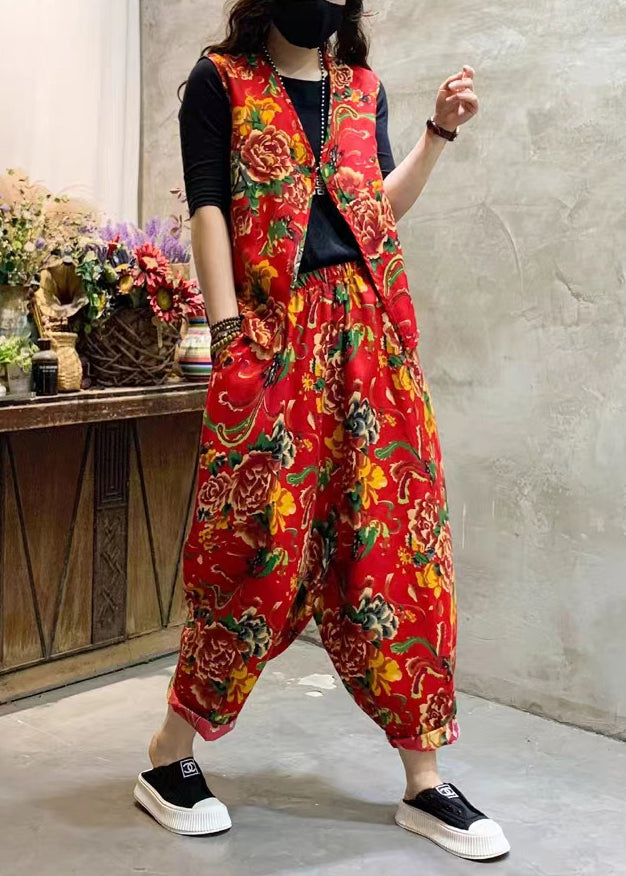 Chic Red Print Elastic Waist Patchwork Cotton Two-Piece Set Sleeveless