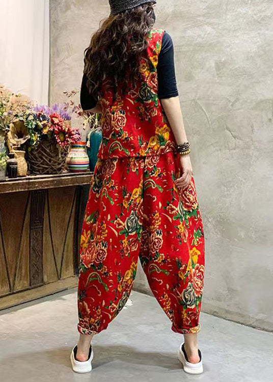 Chic Red Print Elastic Waist Patchwork Cotton Two-Piece Set Sleeveless