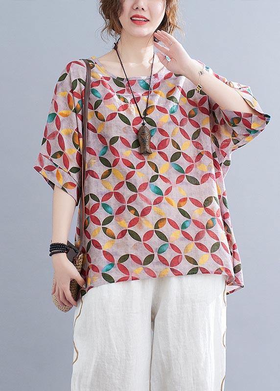 Chic Red Print Half Sleeve Cotton Linen Summer Shirt - Omychic