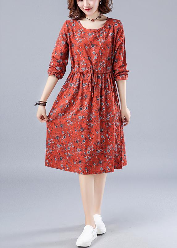 Chic Red Print Wardrobes O Neck Drawstring Loose Spring Dresses - Omychic
