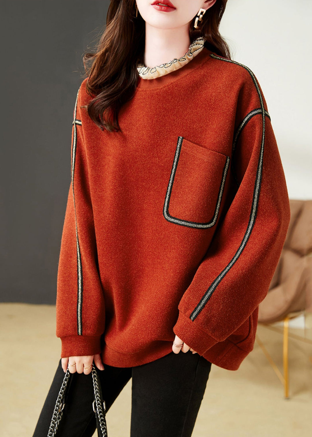 Chic Red Ruffled Cotton Fake Two Piece Sweatshirts Tops Winter