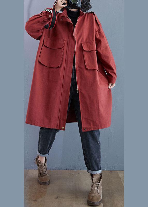 Chic Red Stand Collar Zippered Pockets Fall Long Sleeve Trench Coats - Omychic