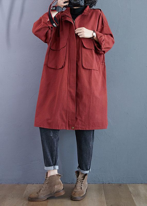 Chic Red Stand Collar Zippered Pockets Fall Long Sleeve Trench Coats - Omychic