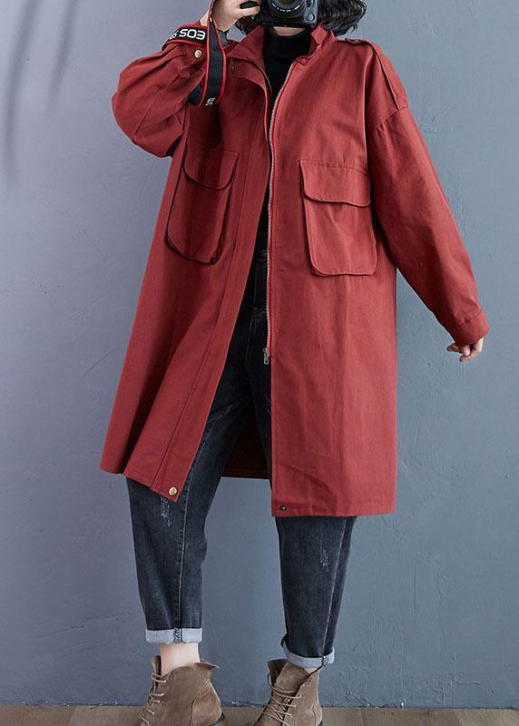 Chic Red Stand Collar Zippered Pockets Fall Long Sleeve Trench Coats - Omychic