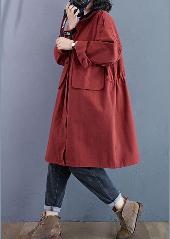 Chic Red Stand Collar Zippered Pockets Fall Long Sleeve Trench Coats - Omychic