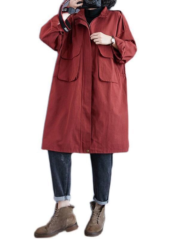 Chic Red Stand Collar Zippered Pockets Fall Long Sleeve Trench Coats - Omychic