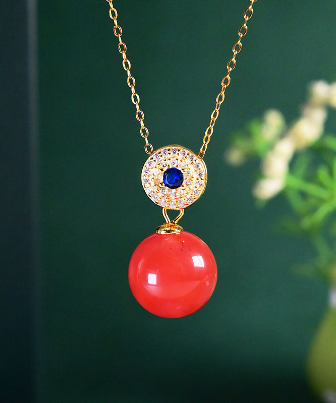 Chic Red Sterling Silver Zircon Ball Agate Pendant Necklace